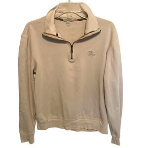 Burberry Brit Quarter Zip Pullover Men's Size Medium Tan with Plaid Trim Shirt